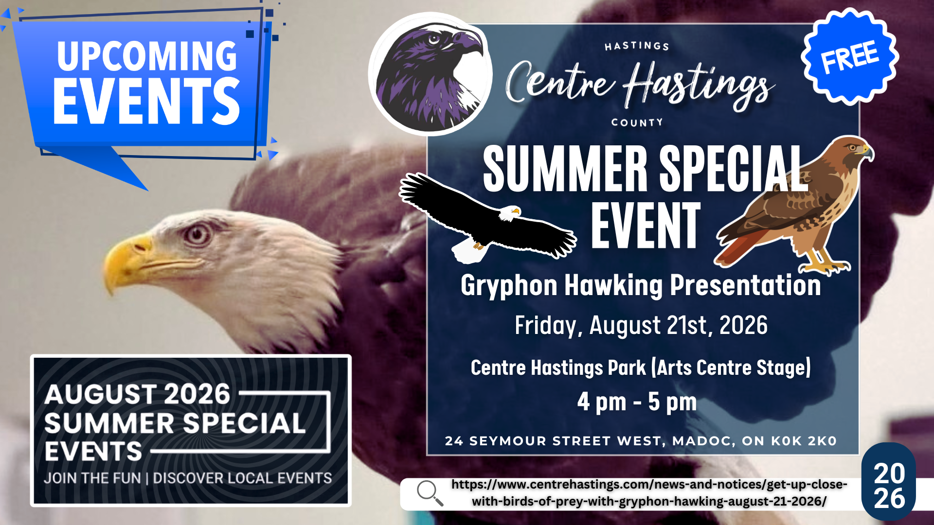  Get Up Close with Birds of Prey With Gryphon Hawking | August 21, 2026 