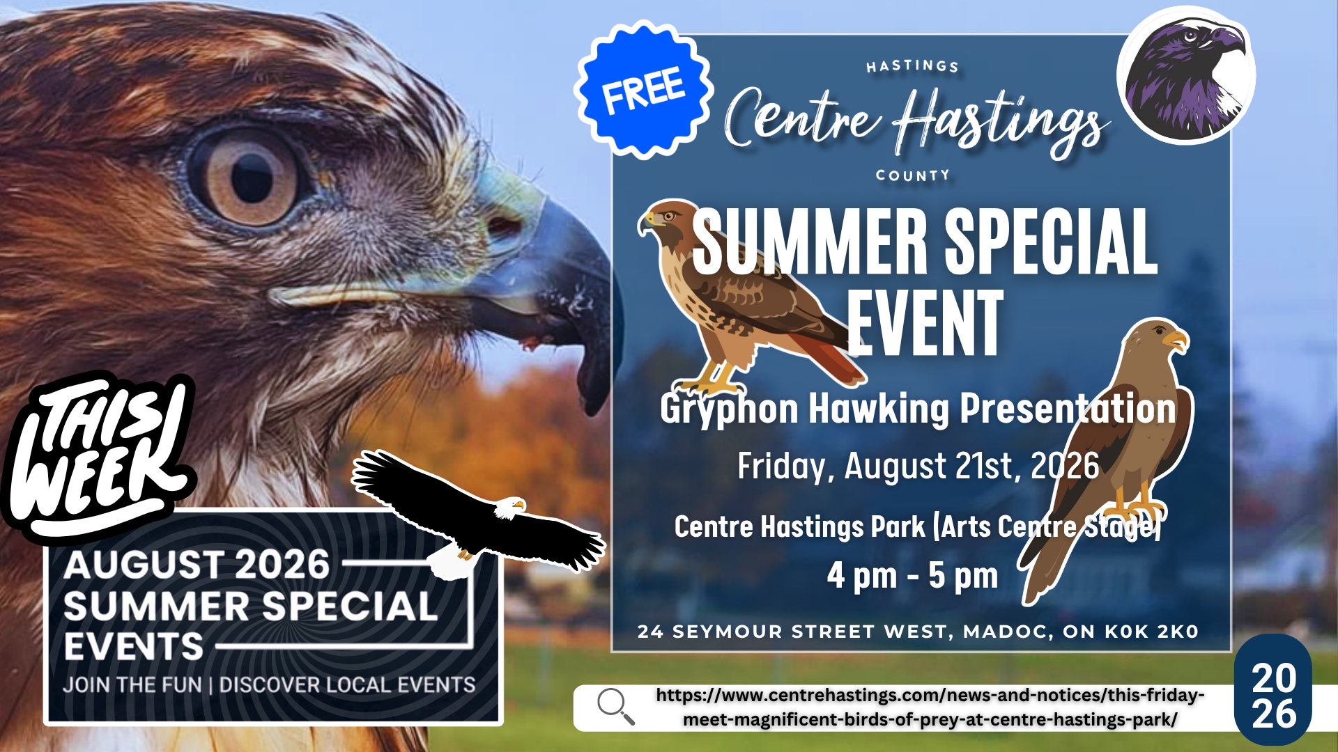 THIS FRIDAY! Meet Magnificent Birds of Prey at Centre Hastings Park 